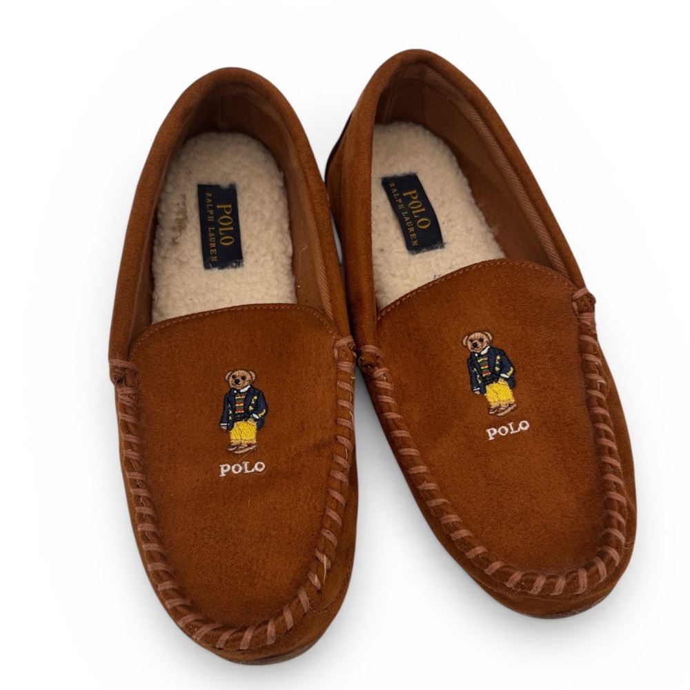 POLO Ralph Lauren Declan Bear Moccasin Slippers Size 9 Cozy Luxury, Preppy